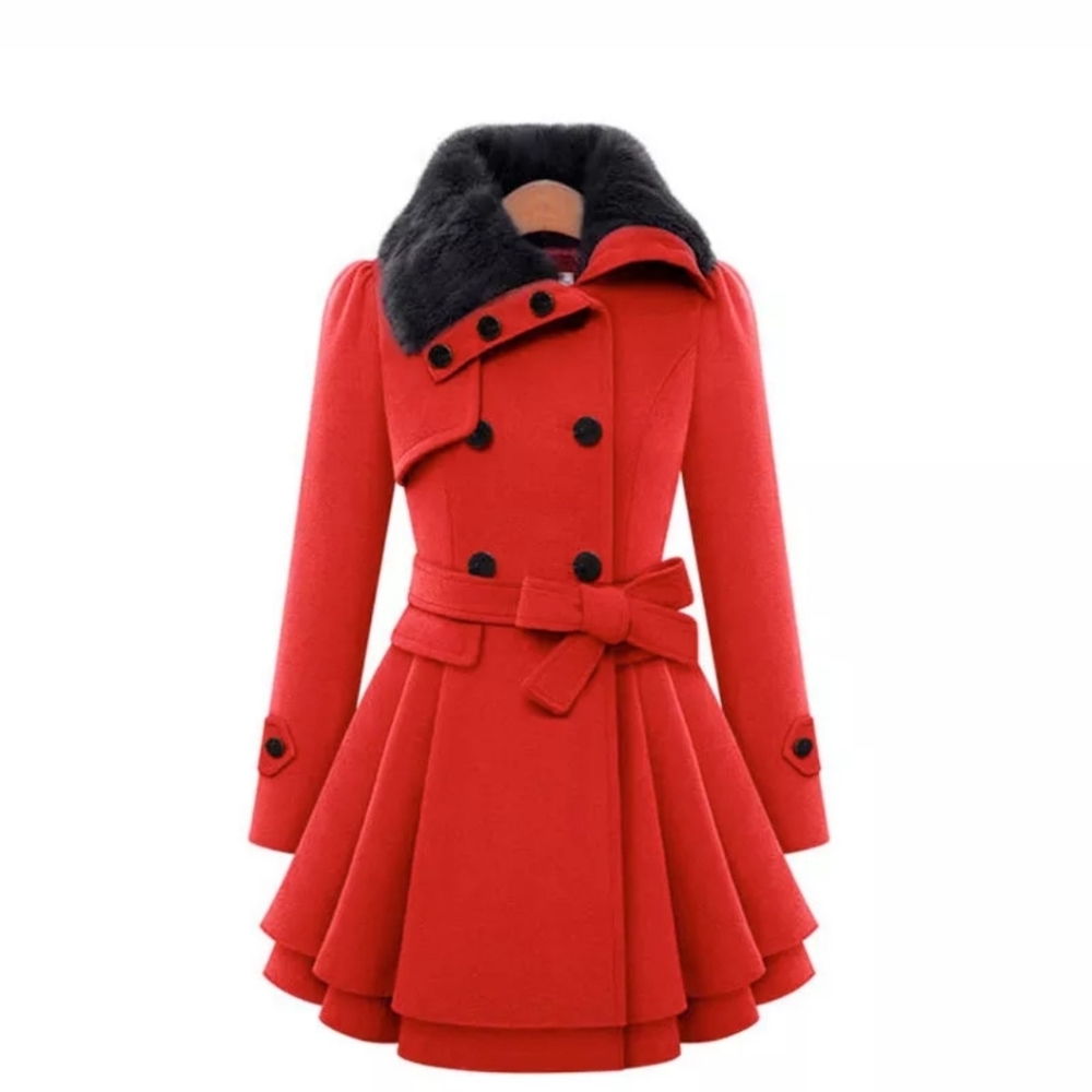 Ladies Fur Collared Peacoat Jacket Dress